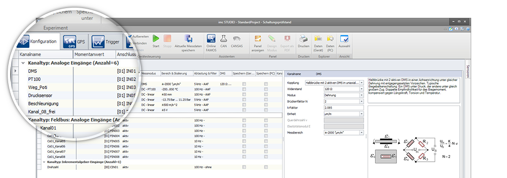 imc STUDIO konfigurieren Kanalliste zur Konfiguration, umfangreiche Sortier- und Filterfunktionen,